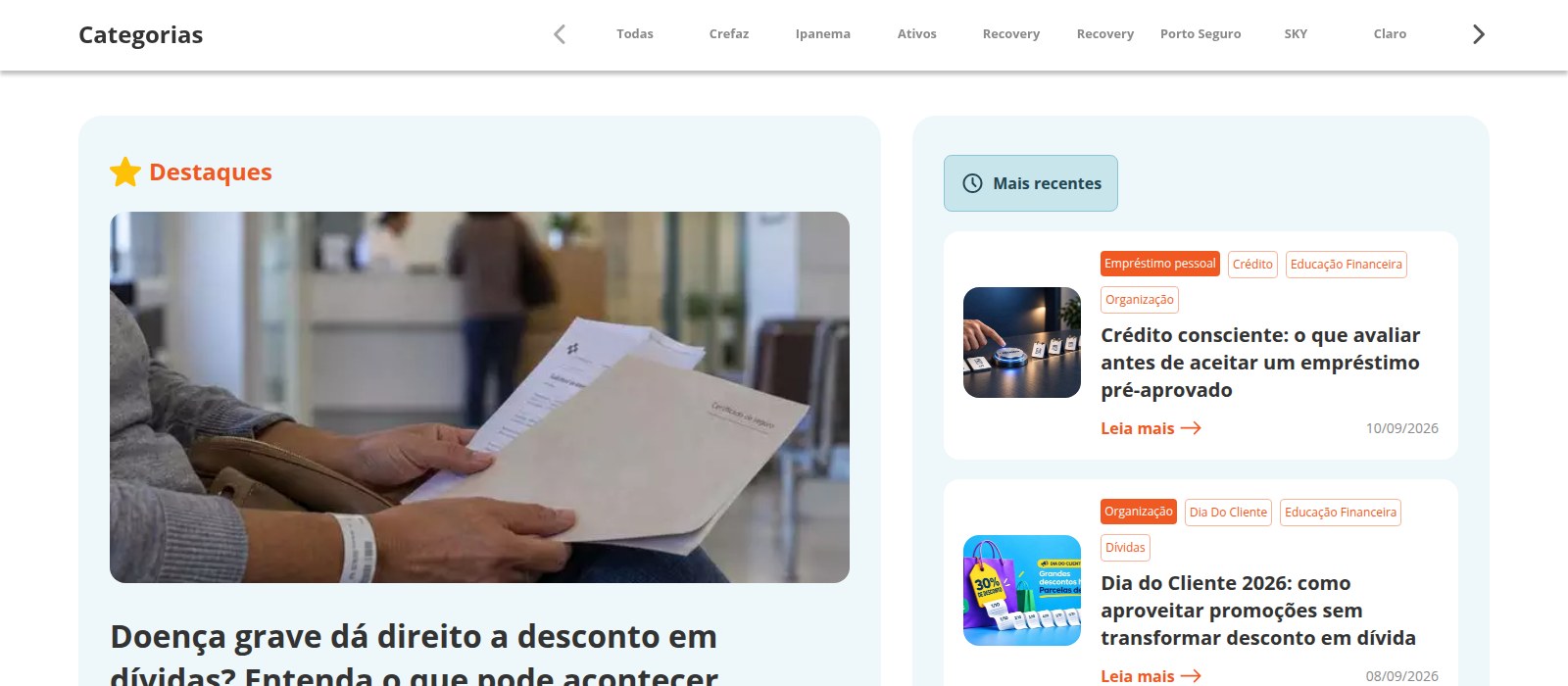 Quero Quitar blog and content platform, showing categorized articles and the highlighted post layout